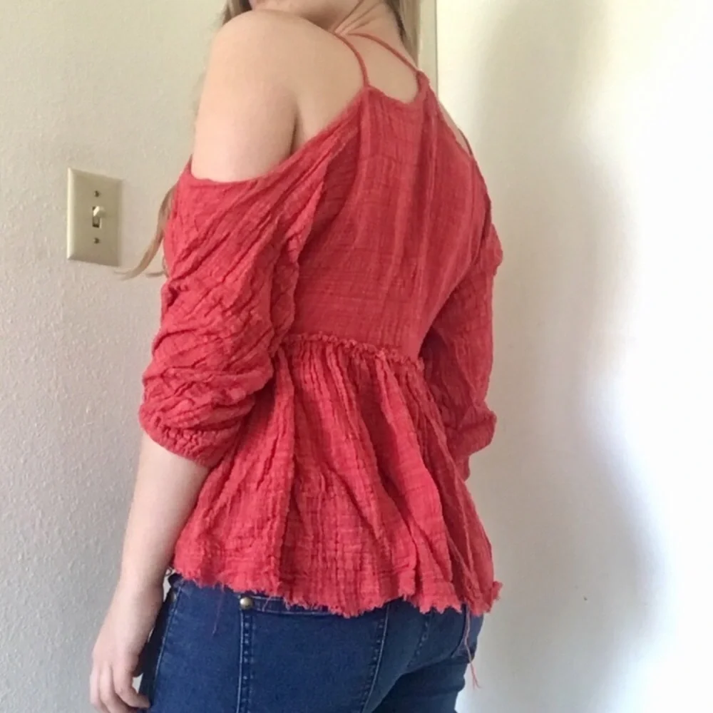 Free People One of a Kind Raw Hem Red/Pink Crinkle Strappy Drawstring Blouse Top